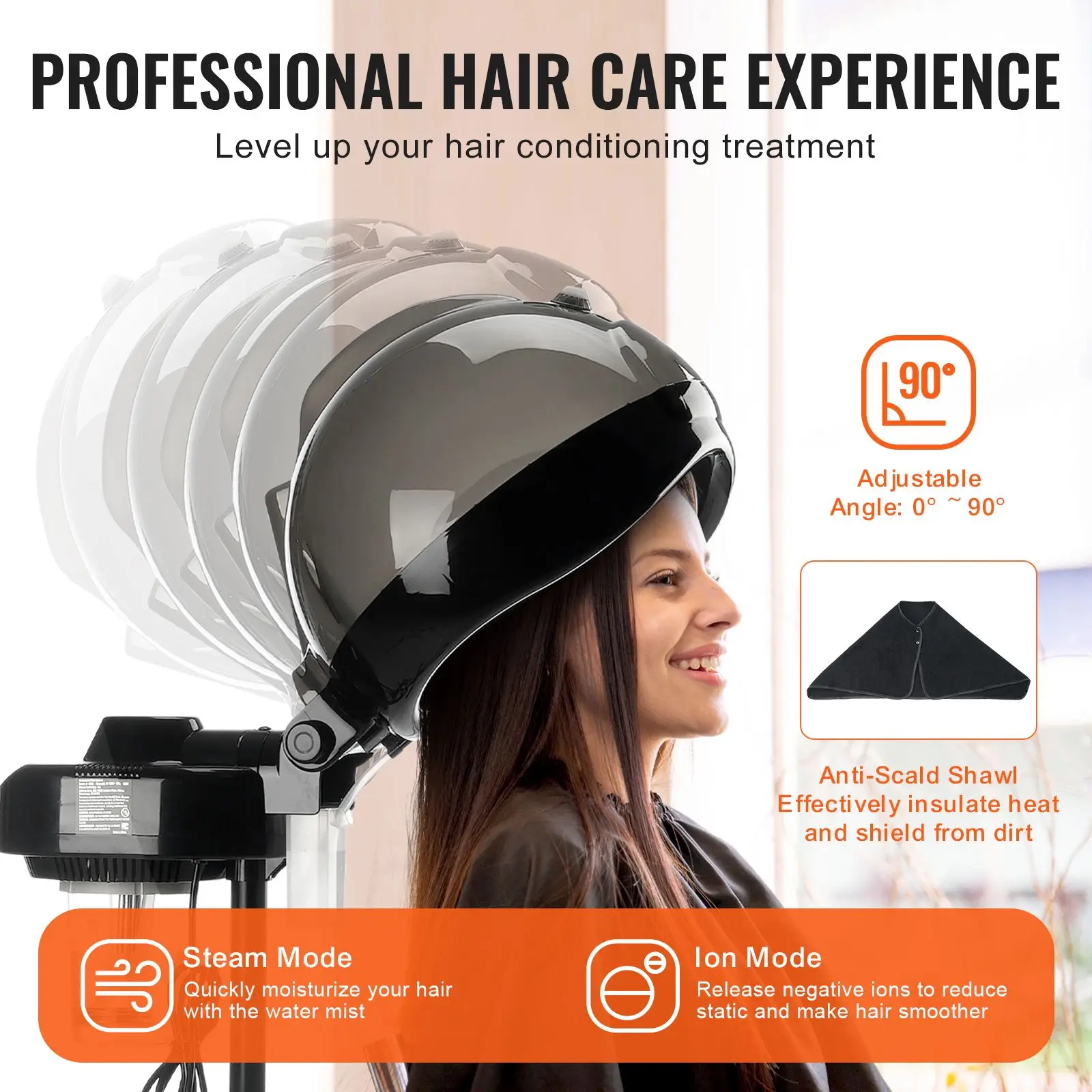 Professional Hair Steamer for Deep Conditioning, 11.81-inch Hooded Ionic Hair Steamer with 2 Modes, Height-Adjustable Standing H
