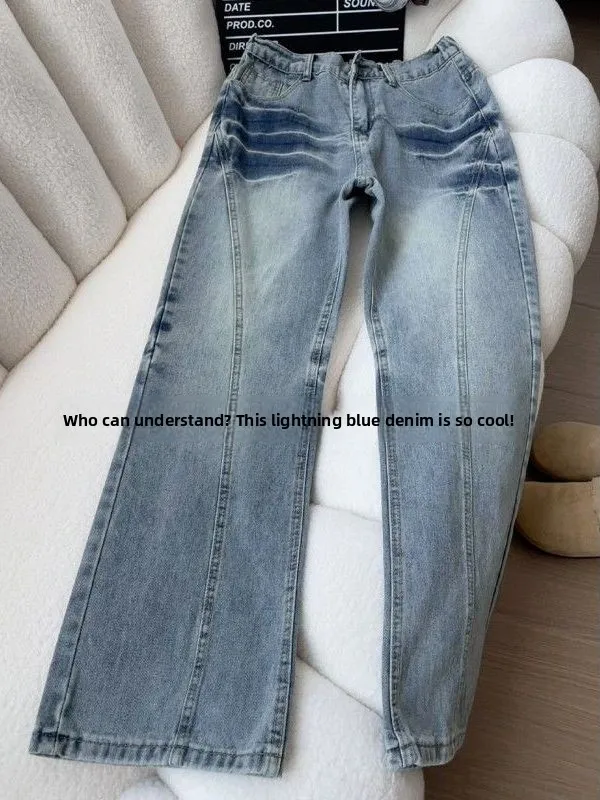 

Синие джинсы с косым кроем и принтом молнии, мужские, в американском уличном стиле, зауженные, прямые, слегка расклешенные, длинные брюки, повседневные, хлопковые.
