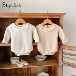 Autumn new 0-2 year old baby clothing, women's baby lace round collar long sleeved knitted bag fart triangle jumpsuit