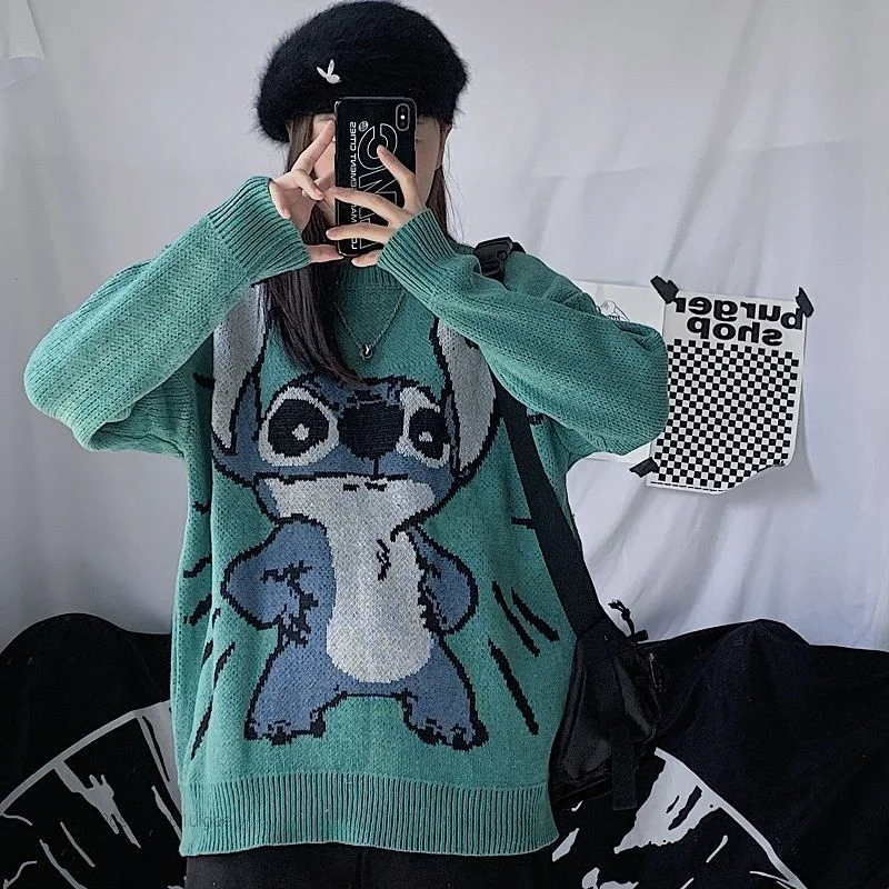 Disney Cartoon Stitch Clothes New Knitted Sweater Women Korean Style Harajuku Loose Sweaters Y2k Female Streetwear Top Pullovers