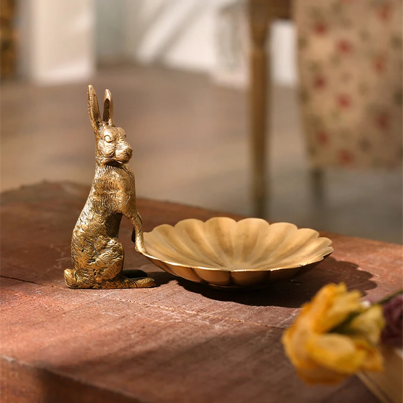 American Retro Fruit Plate Handmade Brass Rabbit Glass Living Room Candy Dessert Storage Tray Crafts Jewelry Plate Ornaments