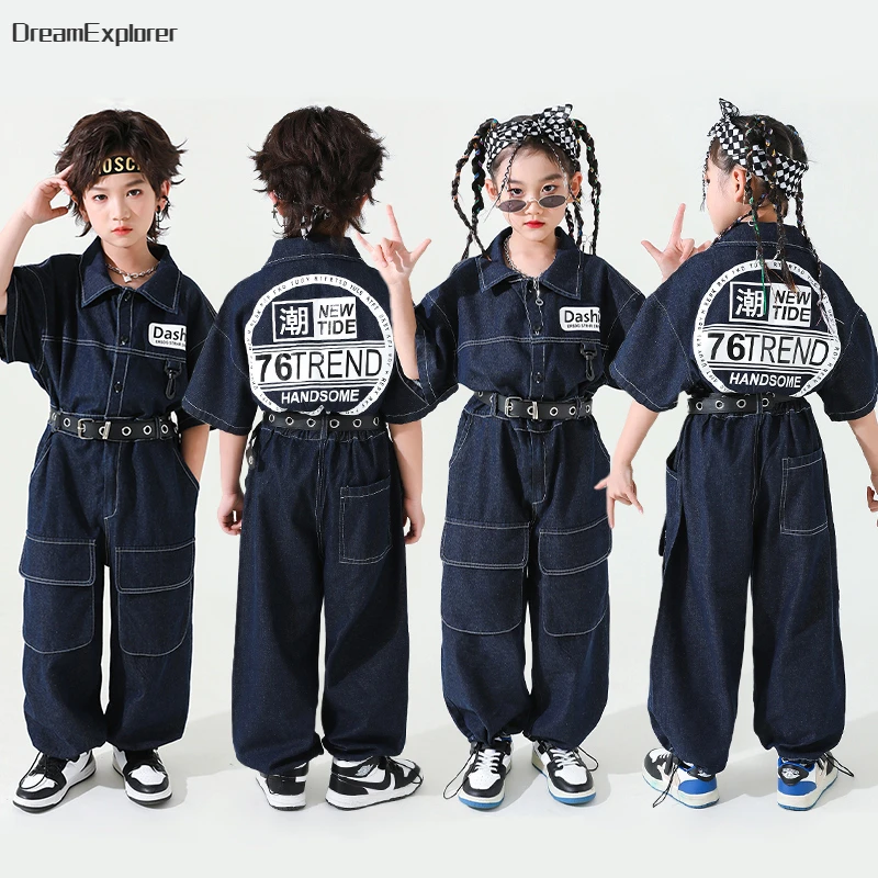 Kids Street Dance Denim Overalls Rompers Boys Hip Hop Short Sleeve Jumpsuit Girls Cargo Pants Workwear Clothes Child Streetwear