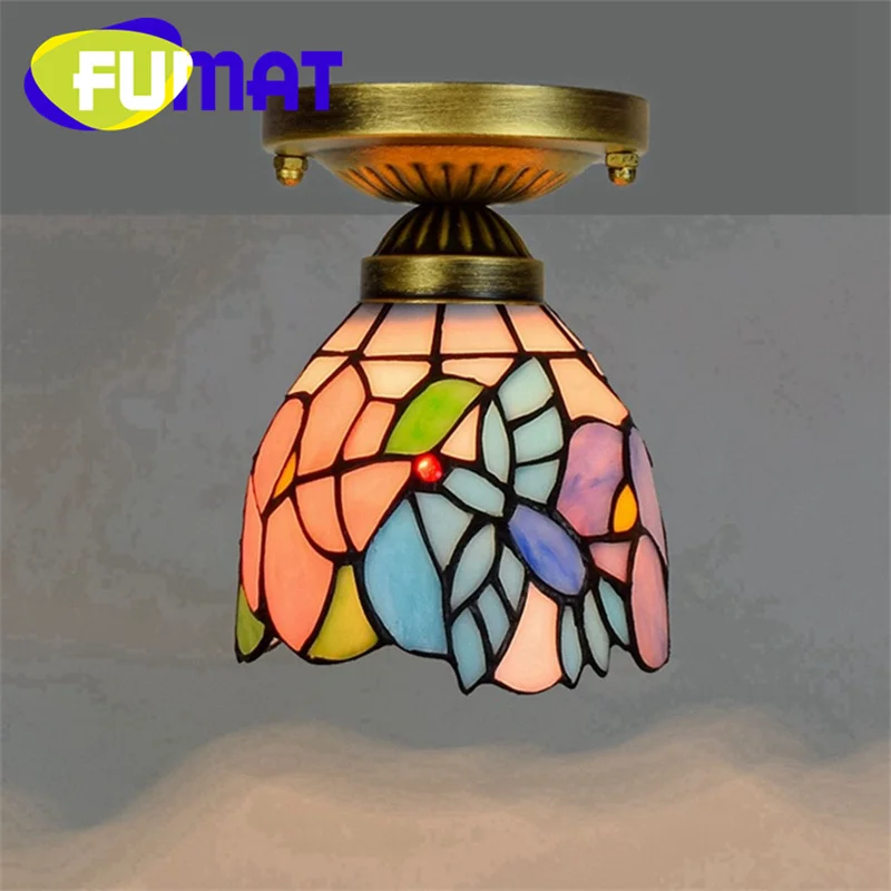 FUMAT Tiffany style stained glass 6inch pink bird chandelier ceiling light for bedroom study hallway hallway balcony LED decor