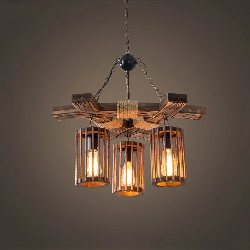 Industrial Retro Hemp Rope Chandelier Bar Restaurant Barber Salon Hot Pot Clothing Store Pendant Lamp Wood Light Droplight
