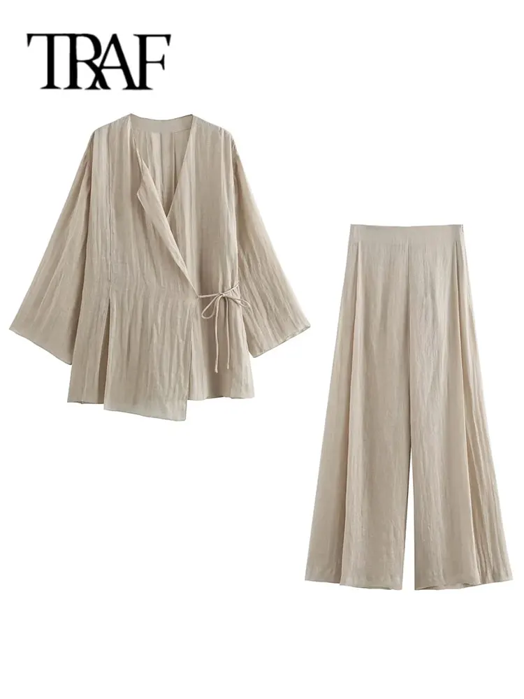 TRAF 2024 Women Kimono Blouse Wide Pants Suits Pajama Style Long Sleeve Oversize Shirt Female Loose Top 2 Piece Sets Y2K