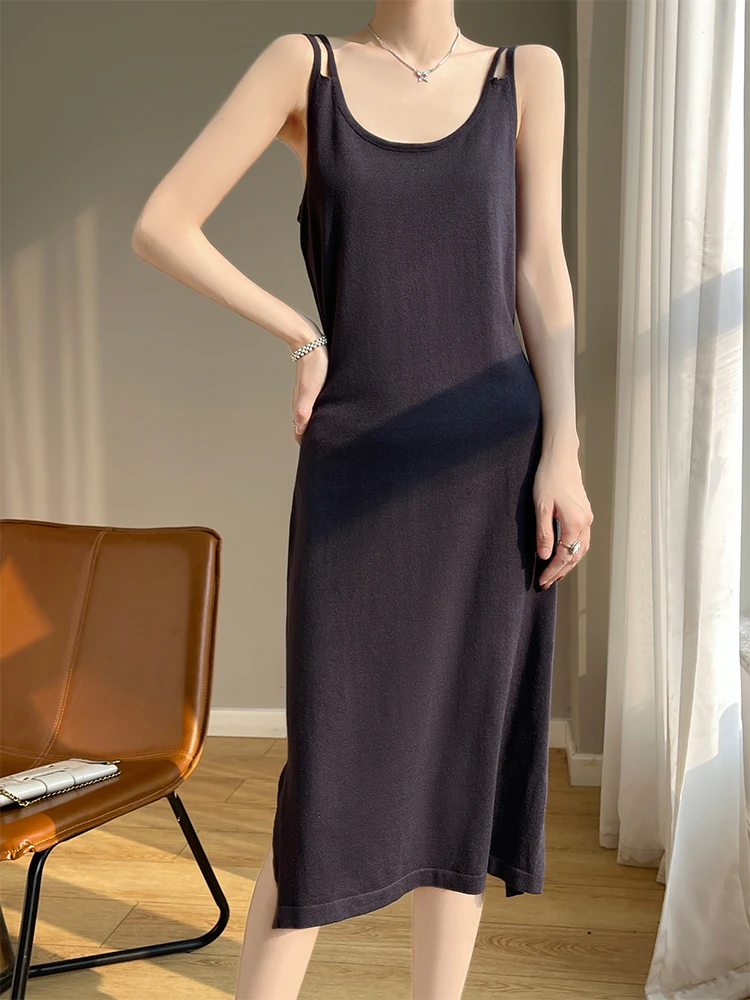 ADDONEE Women Basic Slip Dress Spring Summer Grace Thin Soft Sleeveless Skirt 30% Merino Wool Knitwear Korean Popular Clothes