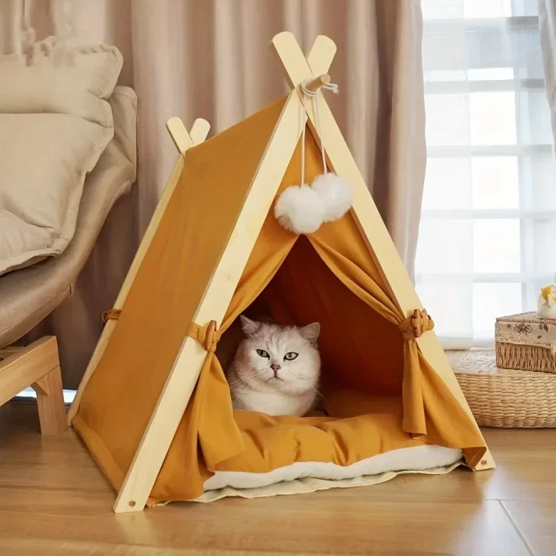 Pet tent, removable and washable semi-enclosed solid wood cat tent with thickened warm pad indoor cat and dog kennel