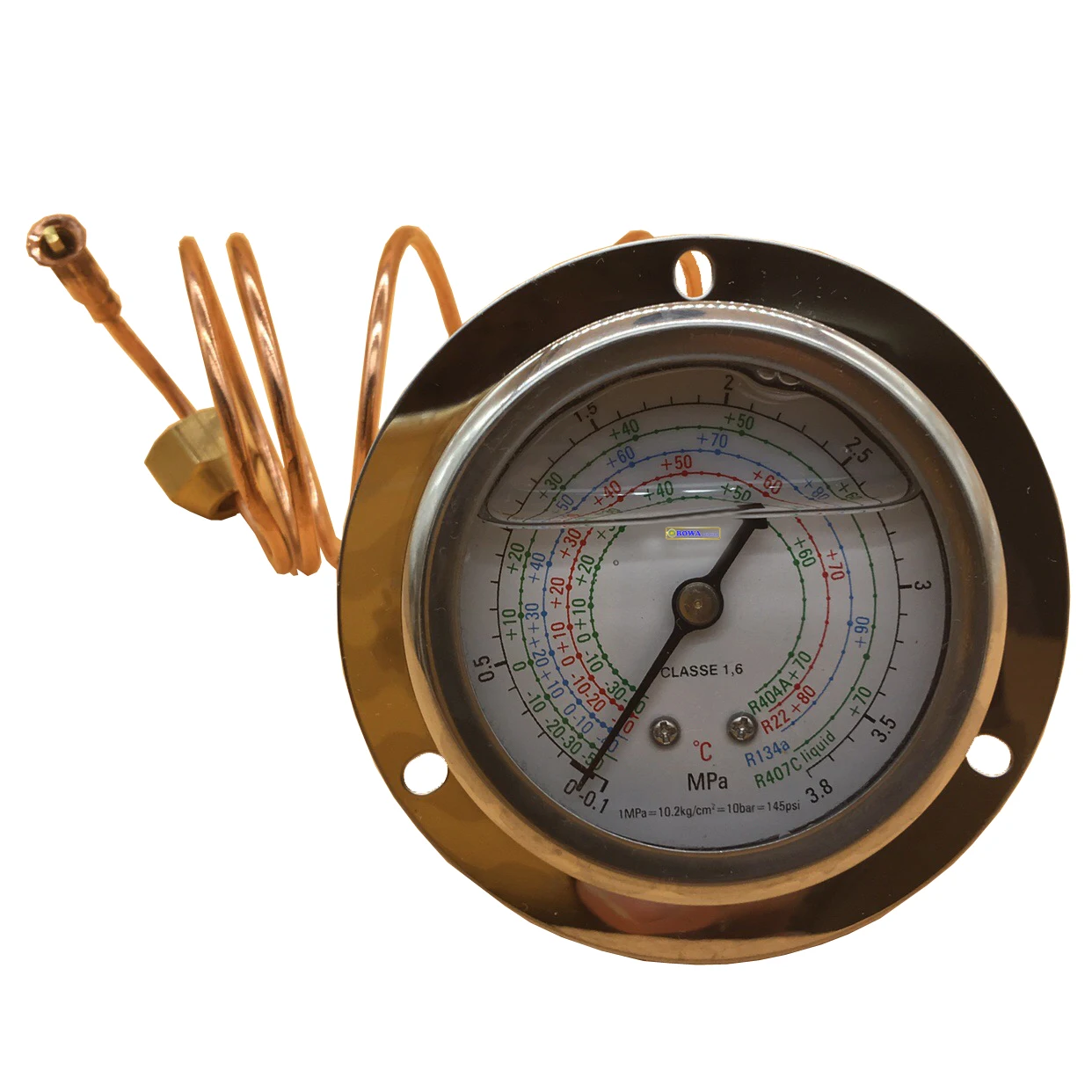 3.8MPa high refrigerant pressure gauge with axial front flange installation is used for various gas, replace Refco or LR gauges