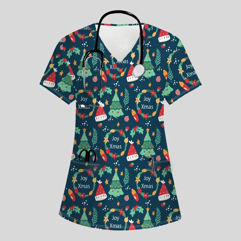 عيد الميلاد الزي الجراحي امرأة عيد الميلاد موضوع نمط موضة الخامس الرقبة جيب قصيرة الأكمام بلايز التنقل الدعك موحدة امرأة