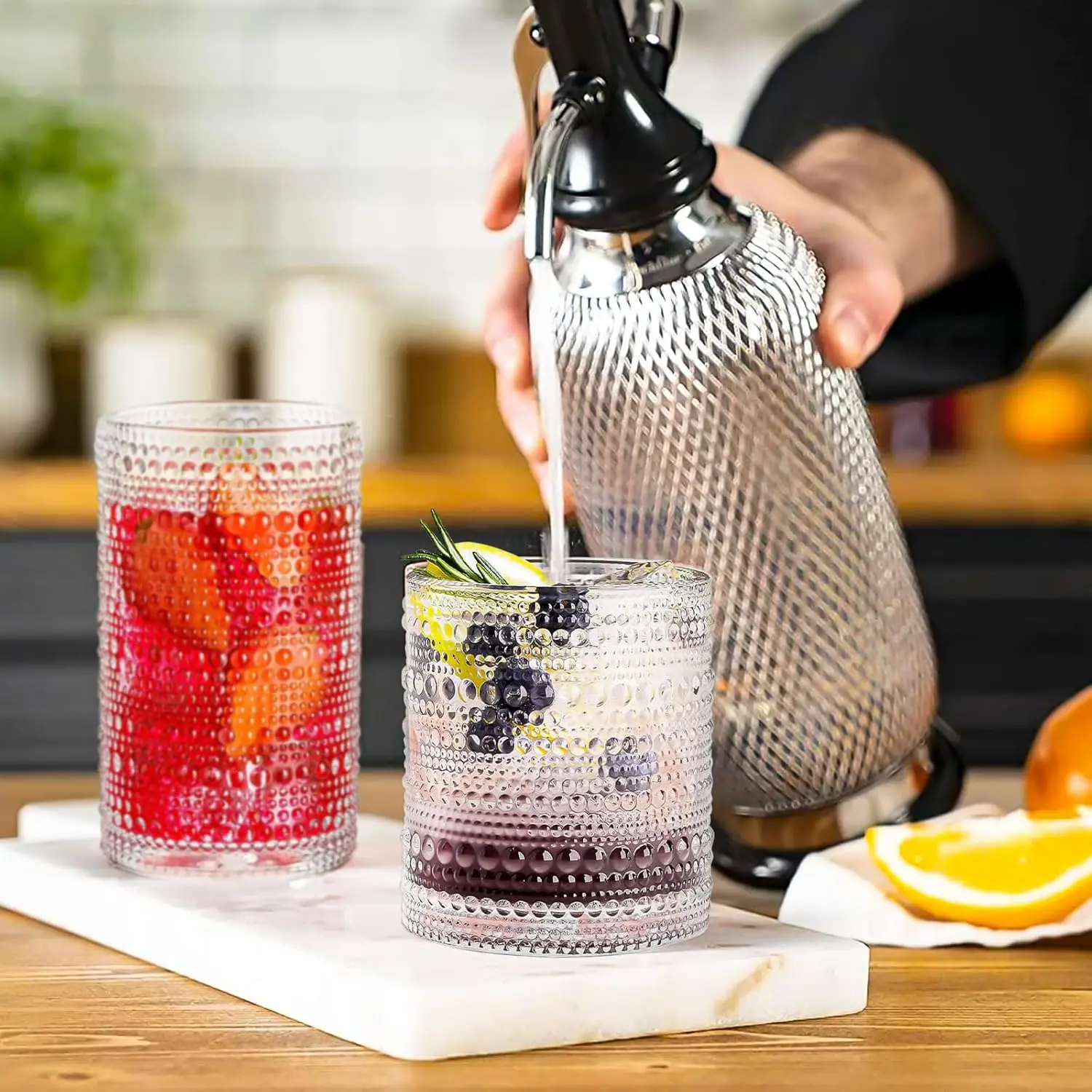 Vintage Embossed Drinking Glasses Set of 12, 11.8oz & 10oz Glassware for Cocktails, Beer, Juice