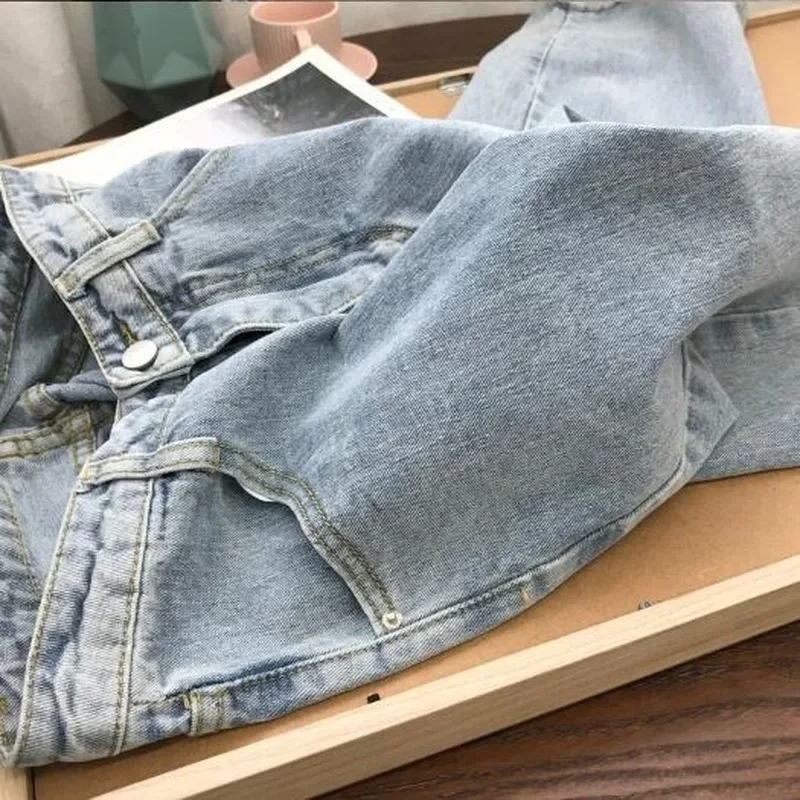 2024 Autumn Light Blue Denim Vintage Casual Loose Wide Leg Pants Women Korean Straight Long Pants Trousers High Waist with Belt