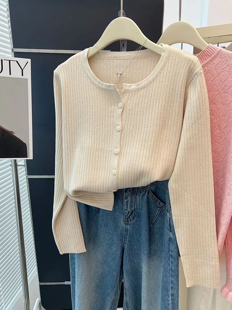 

Ele Single-Button Knitted Cardigan Pure Color Simple Exquisite Long Sve Loose Slimming Age-Defng Women's Camere Sw...