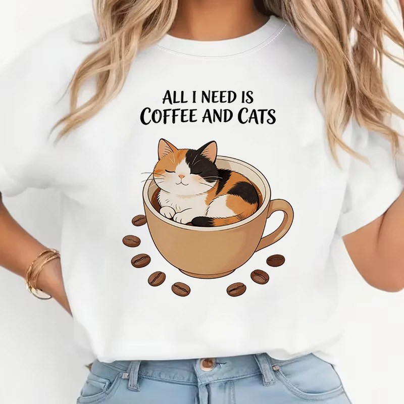 90s Graphic Y2k Tops Tshirt Women's Casual Short Sleeve T-shirt Clothes All My Need Is Coffee and Cat Print T Shirt for Woman
