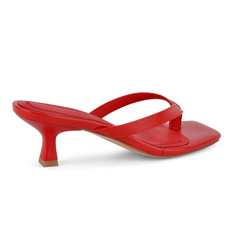 Onlymaker Women Red Square Toe Thong Sandals 5CM Kitten Heel Mules Flip Flops for Party Daily Wear Slip-On Summer Sandals image 2