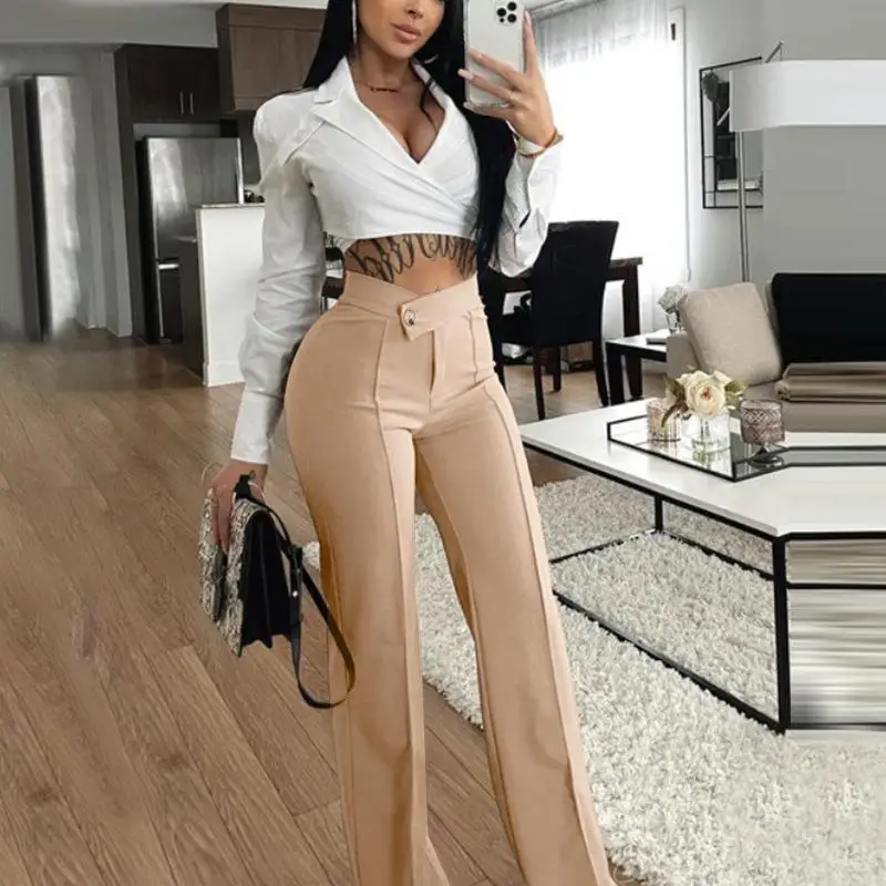 Casual Wide Leg Flare Pants Women's Straight Cut Trousers mid Low Waist Blend Fabric Autumn Collection for Mature Women