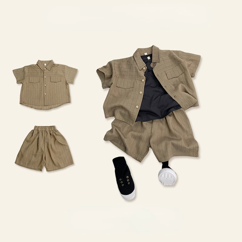 

Cotton and Linen Ruffian Handsome Boy's Shirt Children's Shirt Short Sleeved Summer Pants Two-piece Casual Shorts Set