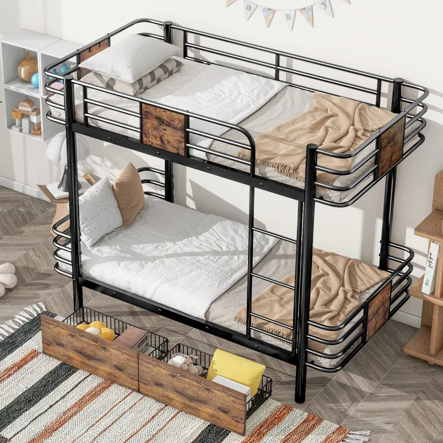 Twin XL over Twin XL Metal Bunk Bed with MDF Board Guardrail and Two Storage Drawers,Silver/Black