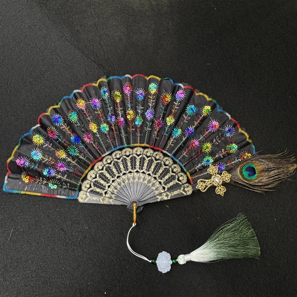 

Складной веер с черной ручкой, кружевом, вышивкой и пайетками, длина: около 35 см, для выступлений в стиле чонсам, 65 см, 10 цветов