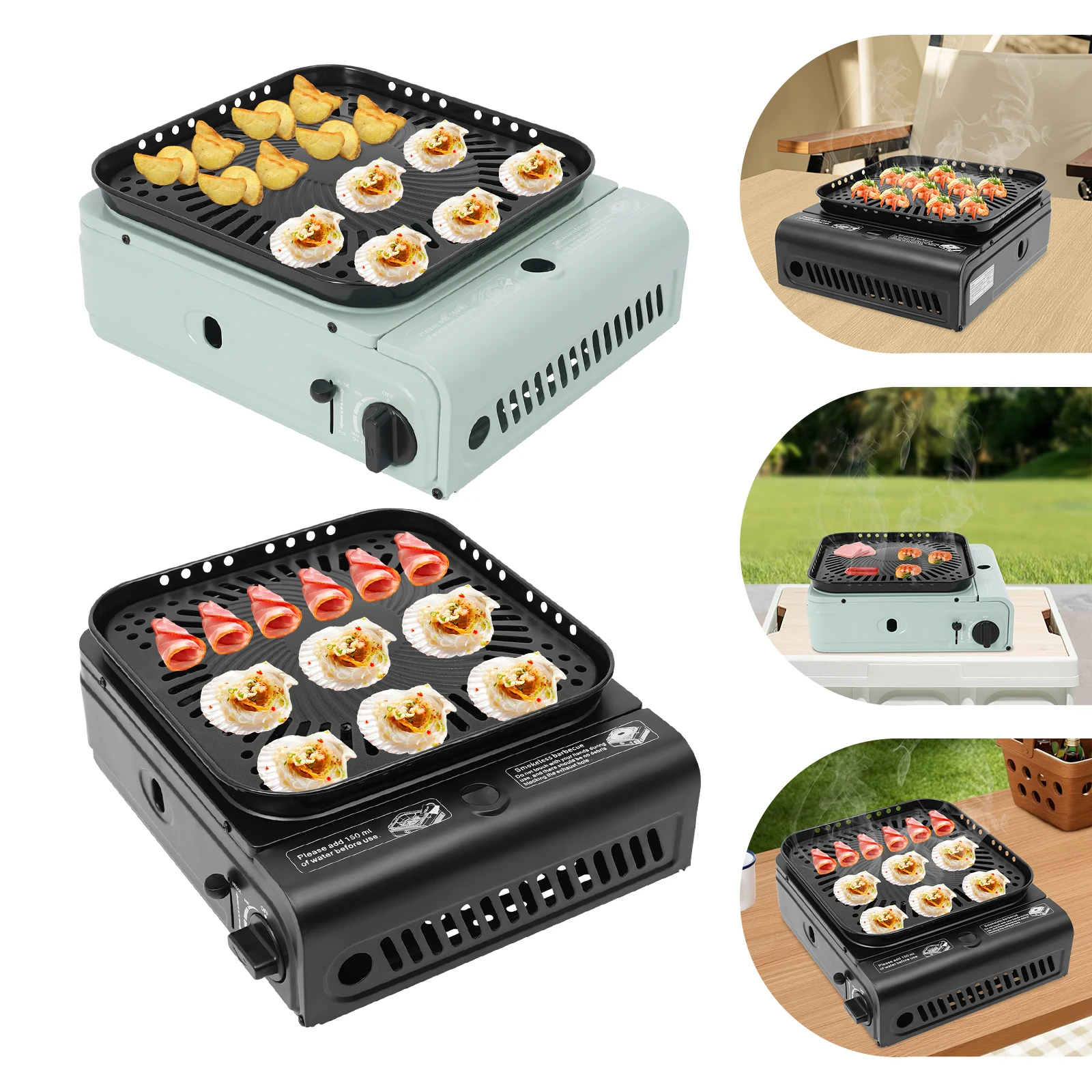 موقد تخييم 2.3 كيلو وات مع حقيبة صينية وحقيبة حمل، موقد تخييم محمول من البروبان، إشعال إلكتروني، أسود/أخضر