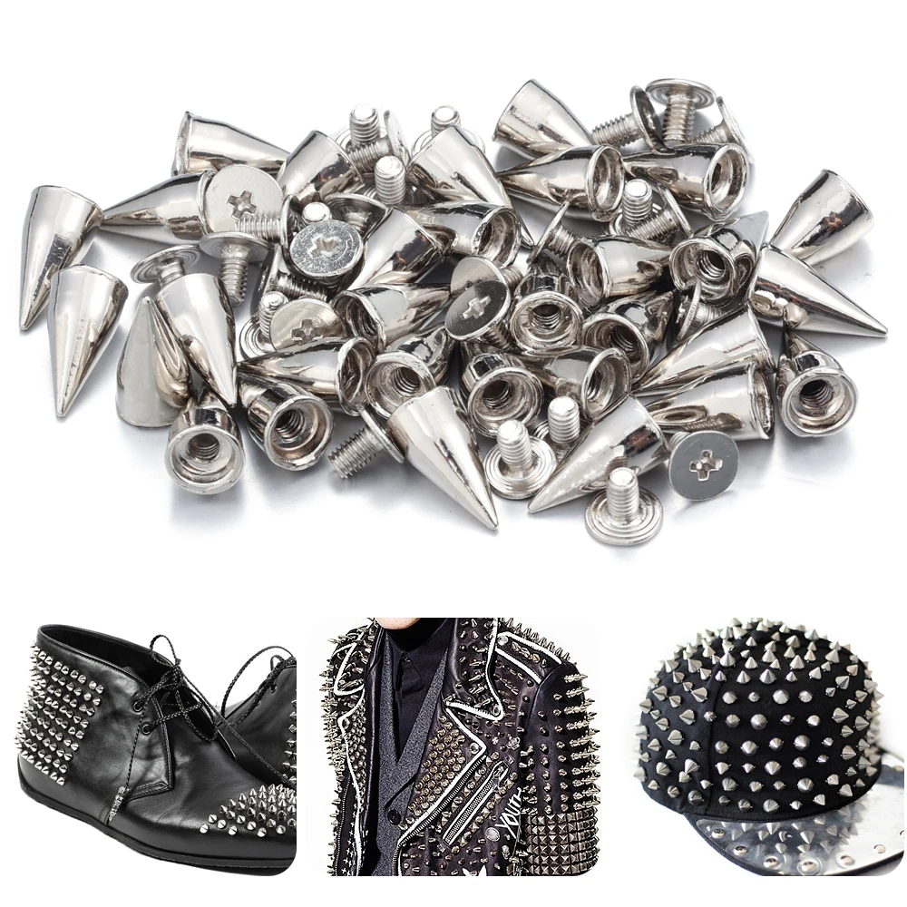 Punk Rock Bala Rebites Cone Spikes, Screwback Studs, Spikes para Halloween Cosplay, Roupas DIY, Acessórios Artesanais de Couro, 300 Pcs, 10 Pcs