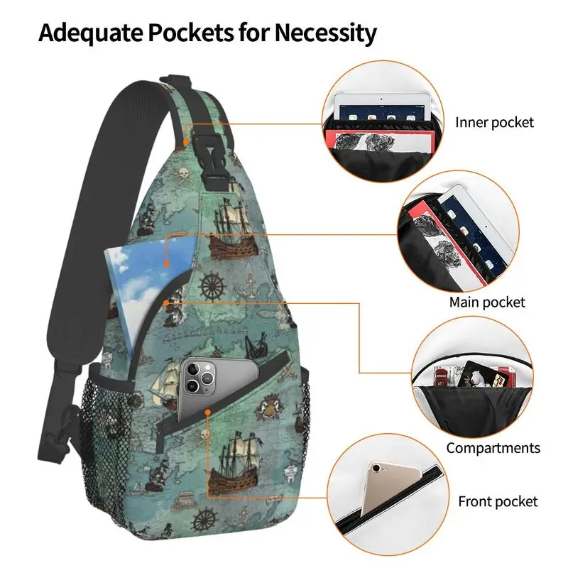 Coole Piraten karte nautische See druck Schulter taschen für reisende Männer Schädel Seemann Brust Cross body Rucksack Schulter Tages rucksack