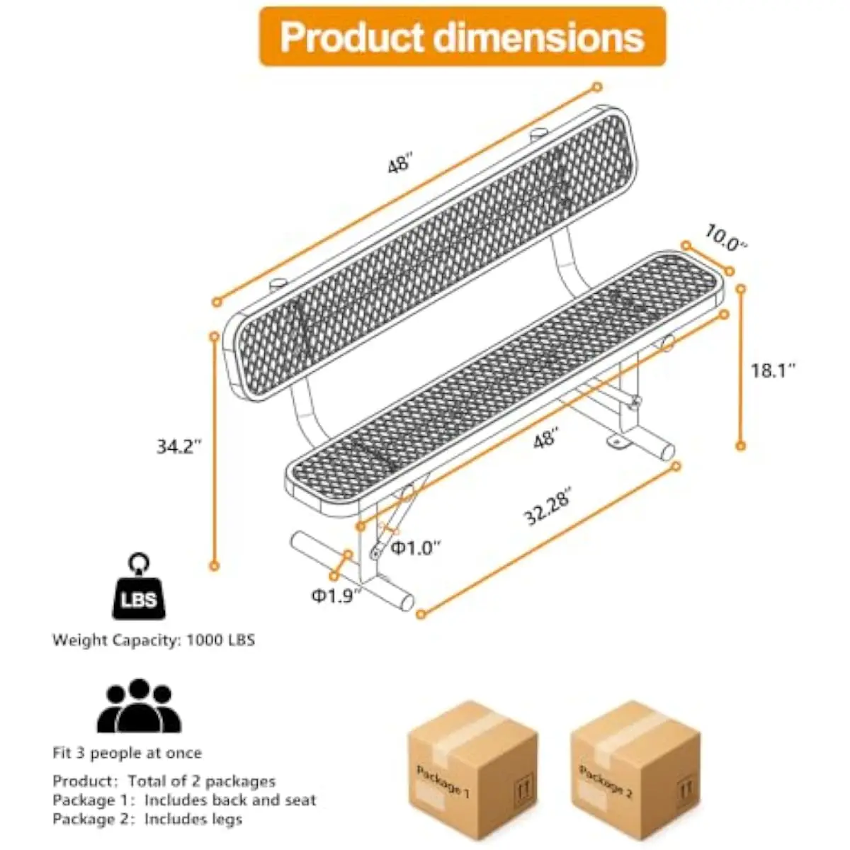 48 Inch Robust Steel Outdoor Bench with Thermoplastic Coating — Weather-Resistant Contemporary Seating for Parks Gardens and Pub