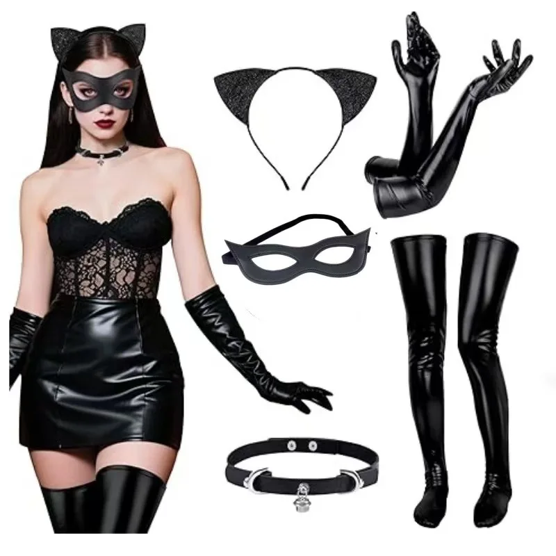 4pcs Halloween Cat Costume Accessories Cute Black Cat Mask Tail Set Necklace Masquerade Party Supplies
