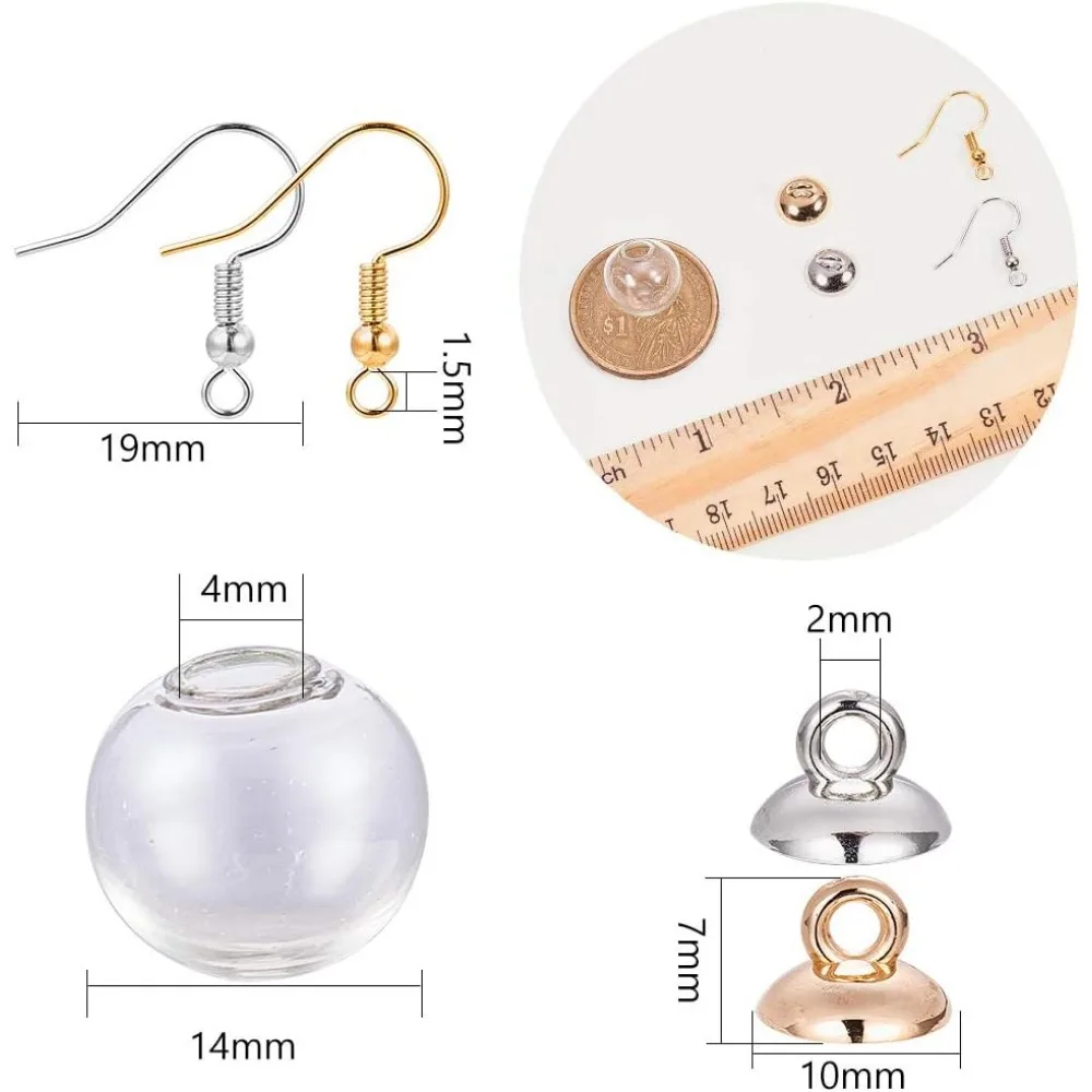 미니 빈 투명 유리 글로브 병, 유리 공 귀걸이 제작 키트, 1 박스, 120 개, 40 개, 14mm