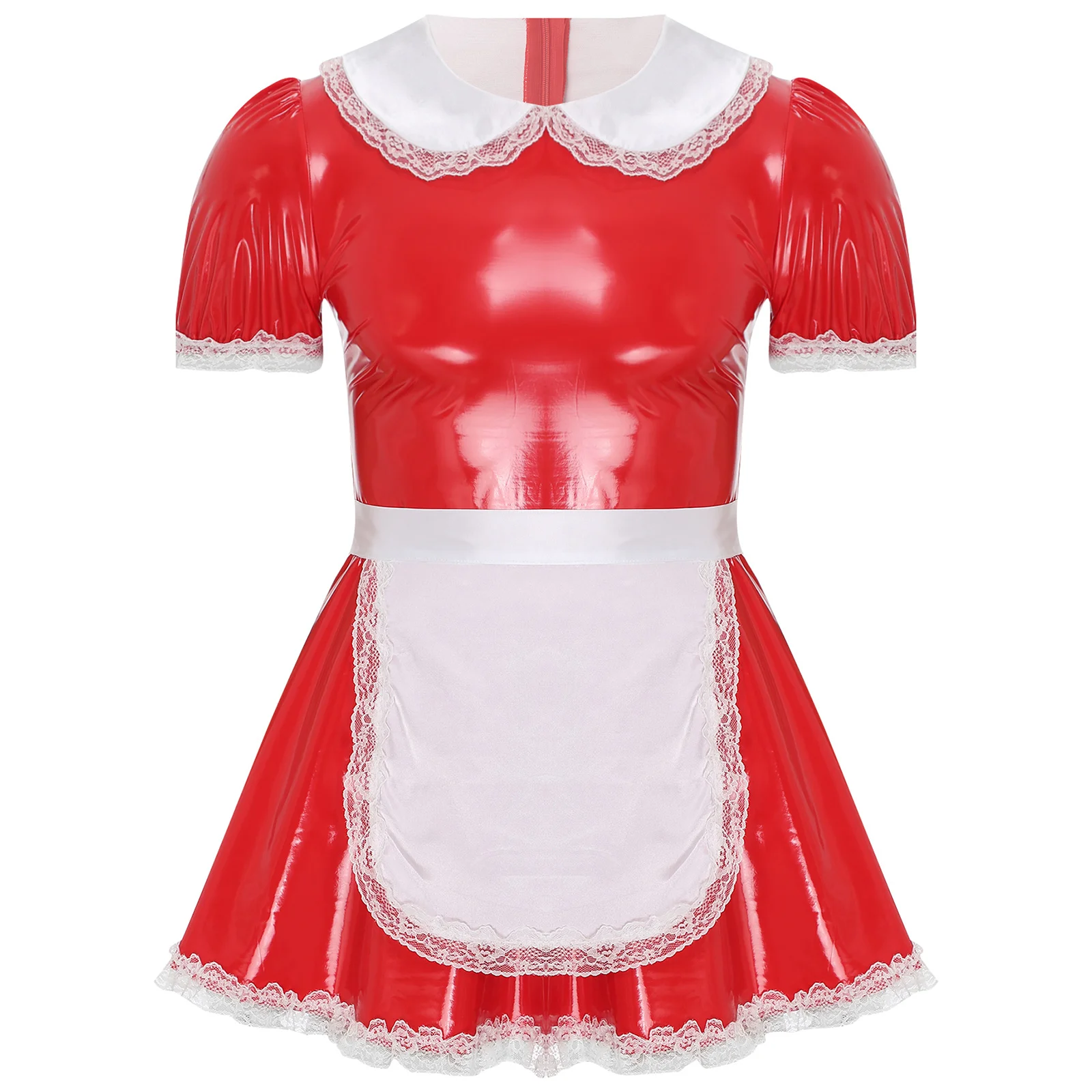 

Servants Maid Dress with French Apron Puff Sleeve Ruffle Lace Patent Leather A-Line Dress Sissy Mens Cosplay Dress Up Costume