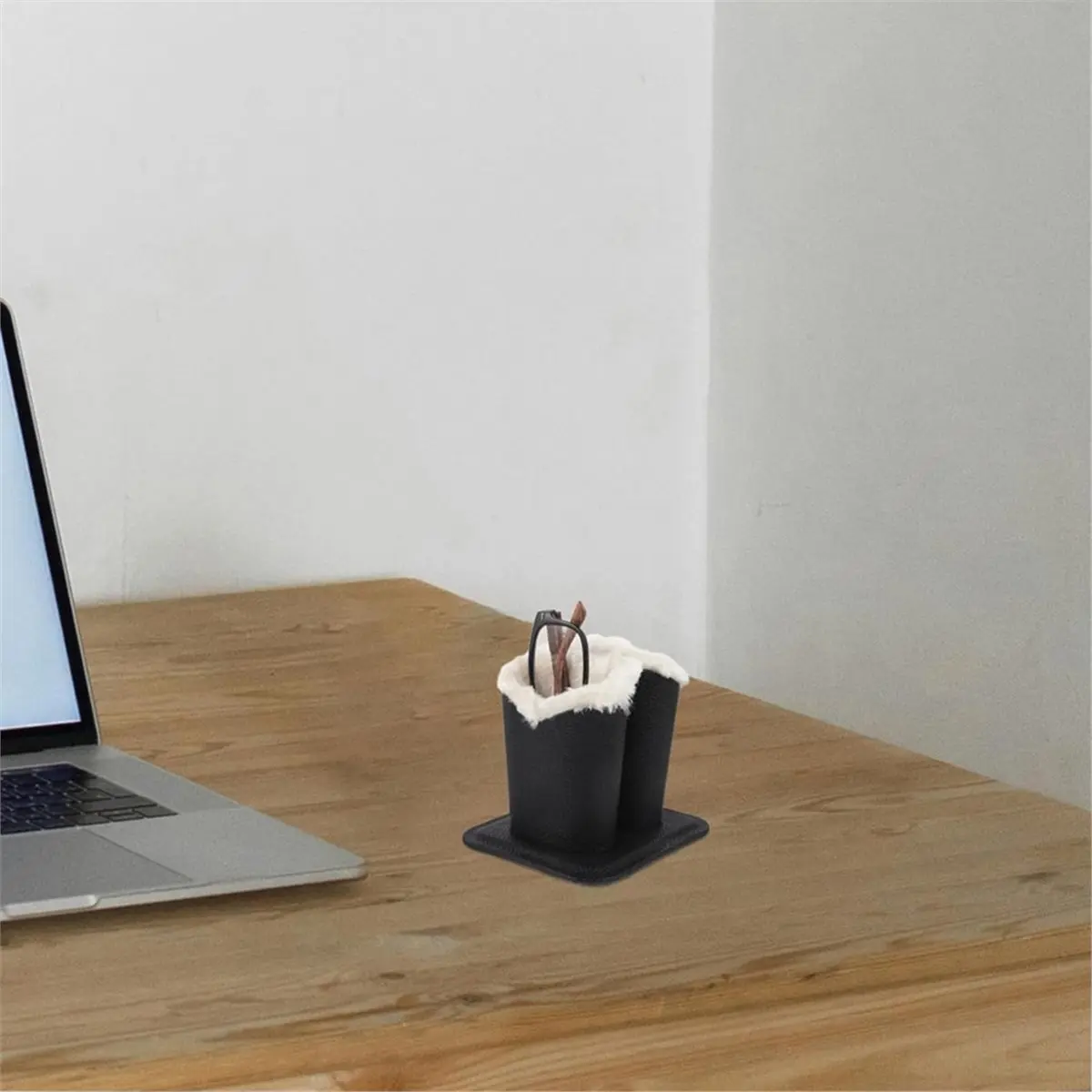 Home Tool Double Slot Plush Lined Eyeglass Holder Stand for Desktop Stylish Black Textured Glasses Display Organizer