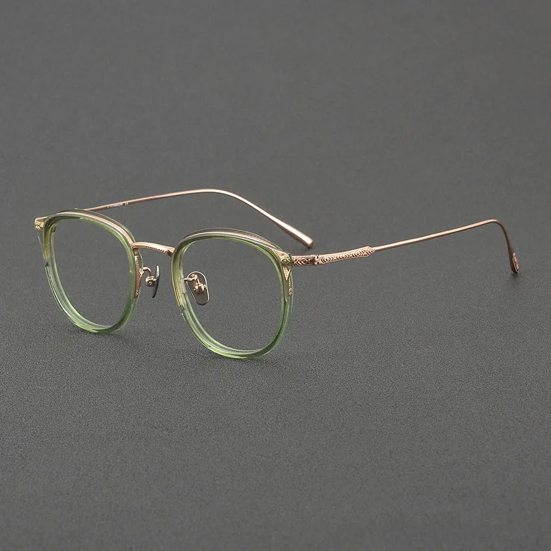 Men Women Fashion High- End Retro Carved Small Square Transparent Green Yellow Grey Print Pure Titanium Myopia Glasses Frame