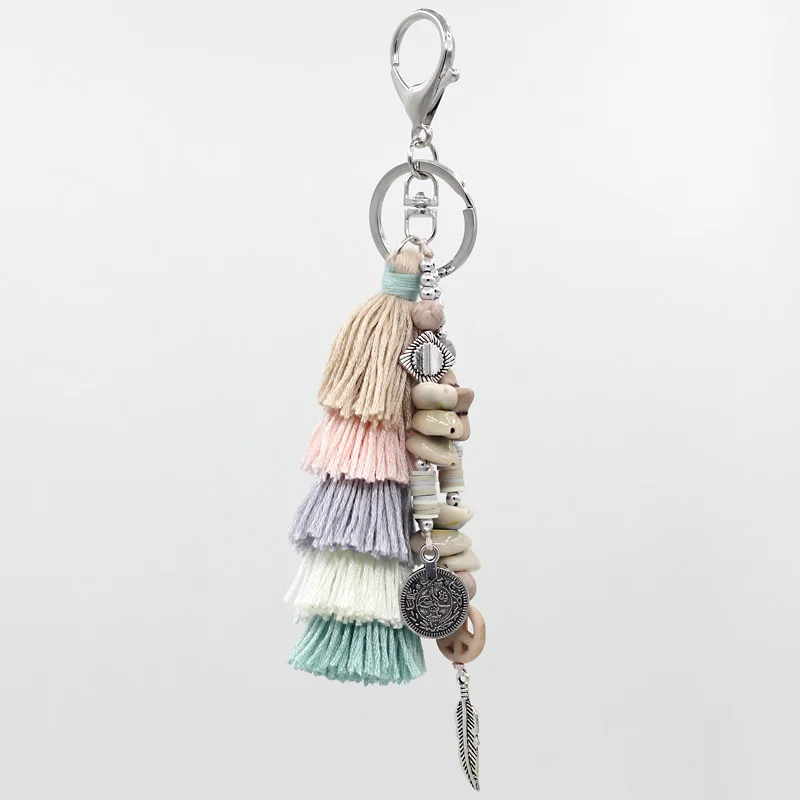 Handmade Jewelry Boho Keychain Shell Stone Tassel Beads Strand Pendant Charm Key Chains for Women Bag Car Ring Key Accessories