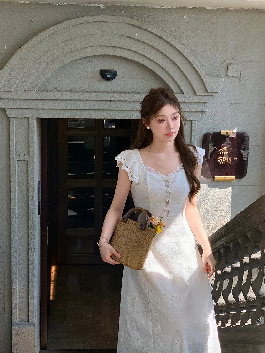 

Yang Xiaojuan French Sle Embroidered Lace Long White Dr A-Line Skirt Waist-Cinched Svel Dr for Women Ci Commute