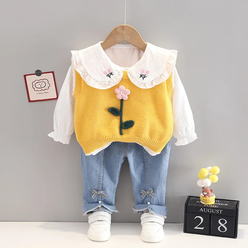 New Spring Autumn Baby Girl Clothes Suit Children Cute Fashion Vest Shirt Pants 3Pcs/Sets Toddler Casual Costume Kids Tracksuits