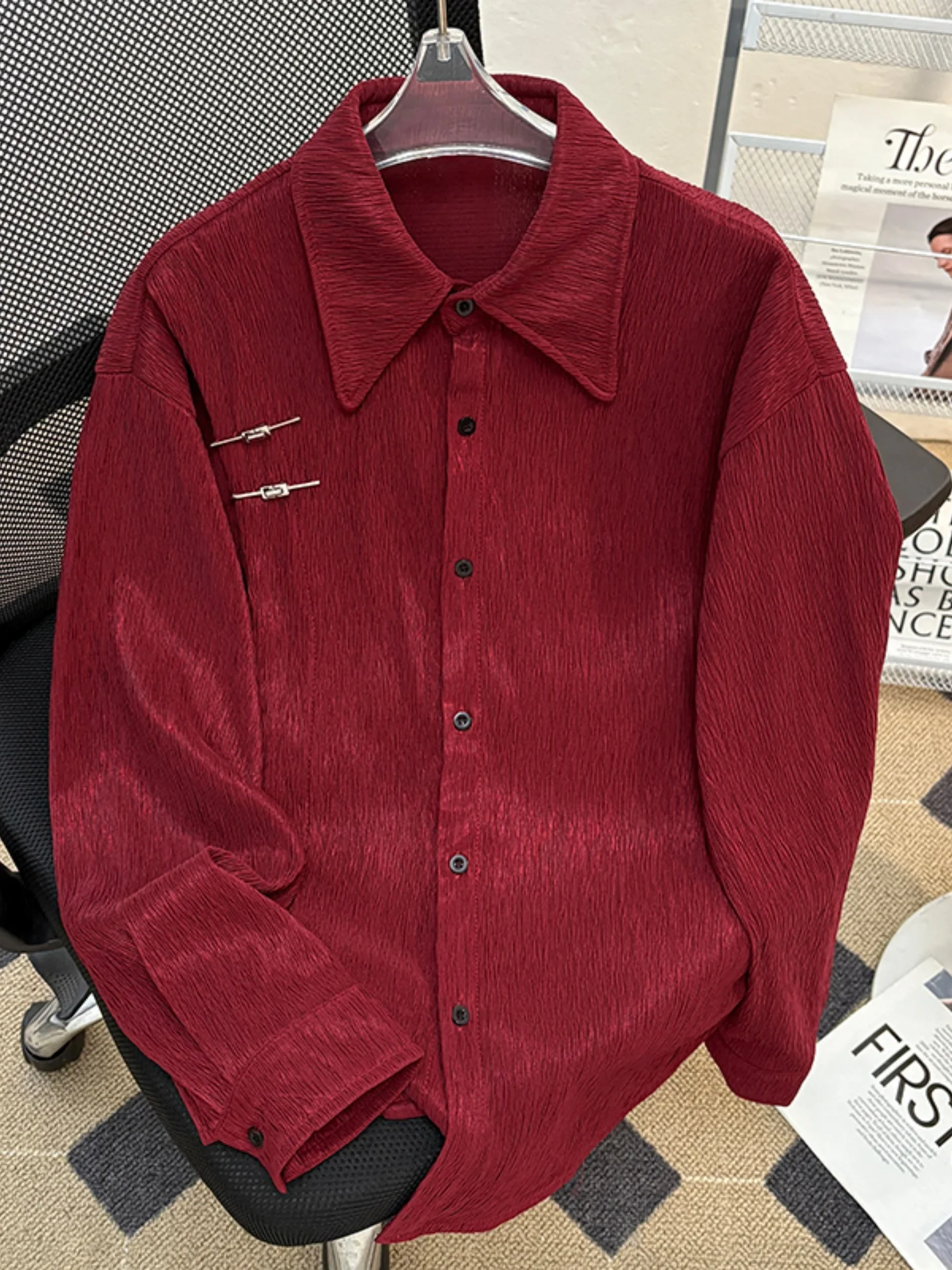 Fall Fashion Red Wine Color Texture Long Sleeve Men's Shirt Loose Metal Buckle New Chinese Style High Quality Casual Shirt