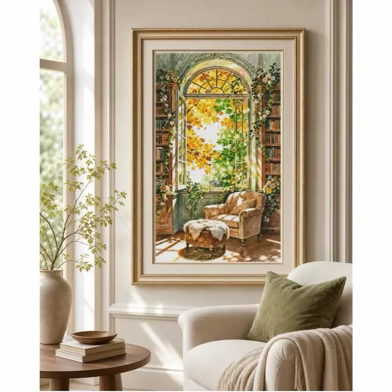 ZZ8624 - Autumn Sunshine Study Room 14CT 16CT 18CT Stamped Canvas Cross Stitch DIY Set Needlework Embroidery 114 Colors