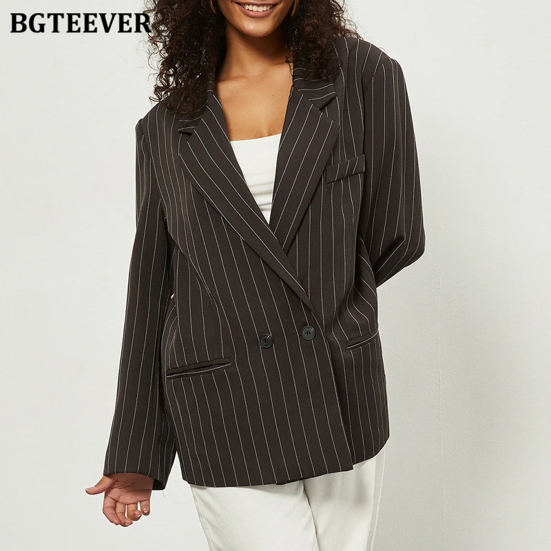 BGTEEVER Casual Loose Notched Collar Female Striped Blazer Spring Long Sleeve Double Breasted Suit Jackets Women