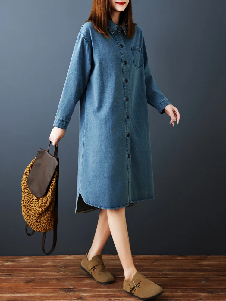 Winter Herbst Koreanische Mode frauen Denim Kleid Einfarbig Langarm Einfache Grund Lose Beiläufige Weibliche Vintage Kleid Roben