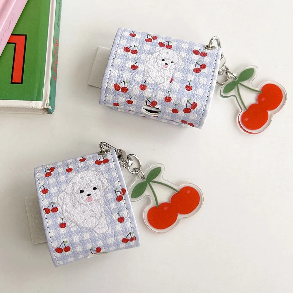 Cute Lattice Red Cherry Cartoon Dog Leather Bag Earphone Case For Airpods 3 Pro Protective Cover For Airpods 1 2 With Keychain