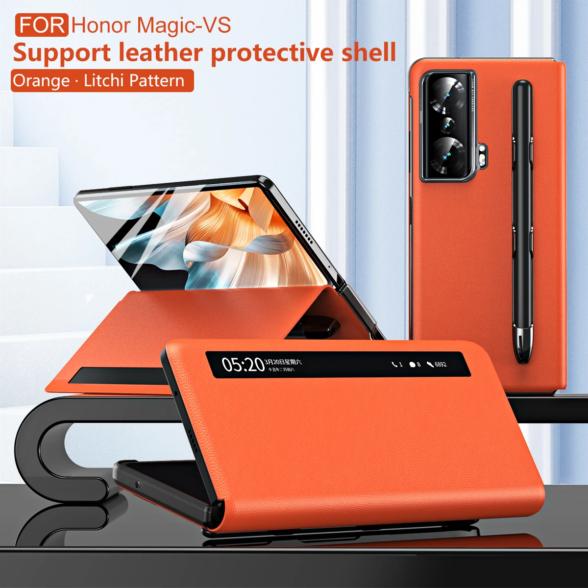 

Smart Window View Case for Honor Magic Vs Cover PU Leather Stand Holder Free-flip Answer Call Shell Full Protect Fundas with Pen