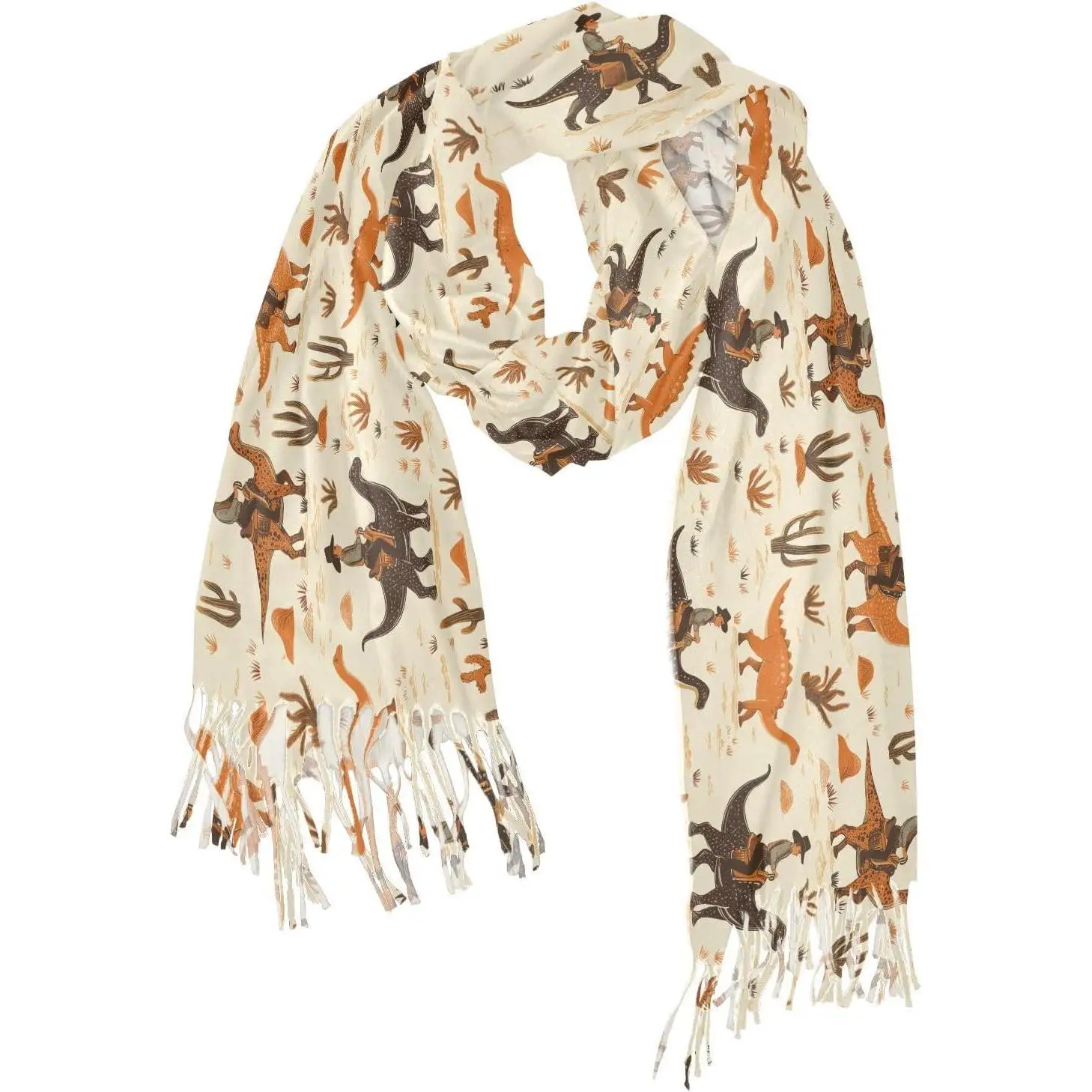 

Женский ковбойский шарф с динозаврами, шали из пашмины, осенне-зимние теплые большие шарфы, модный длинный шарф с кисточками