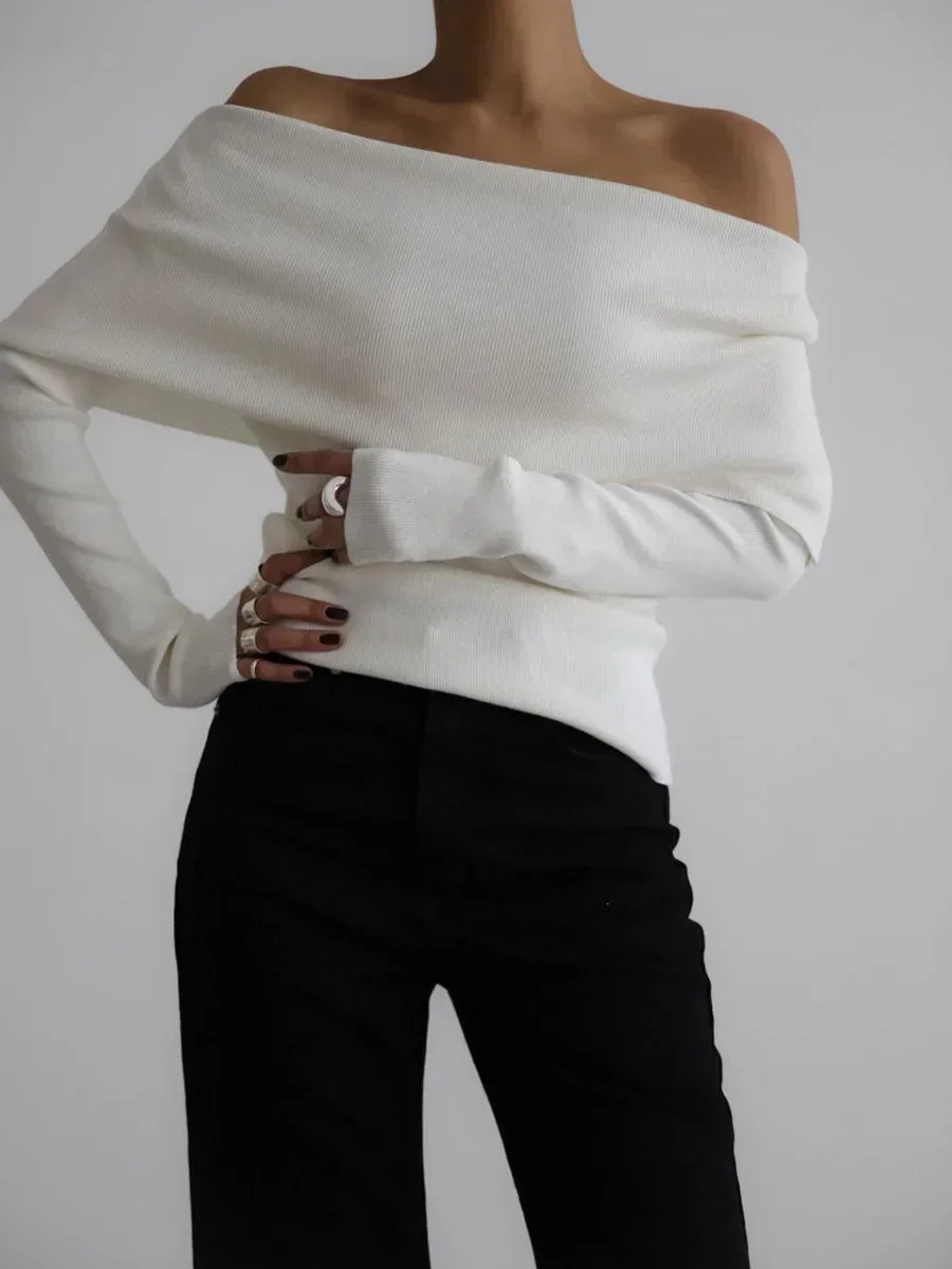

Women's Sexy Slim Fit Off Shoulder Top Long Sleeved Knitted Base Shirt Autumn Winter Office Lady Sweater One Shoulder