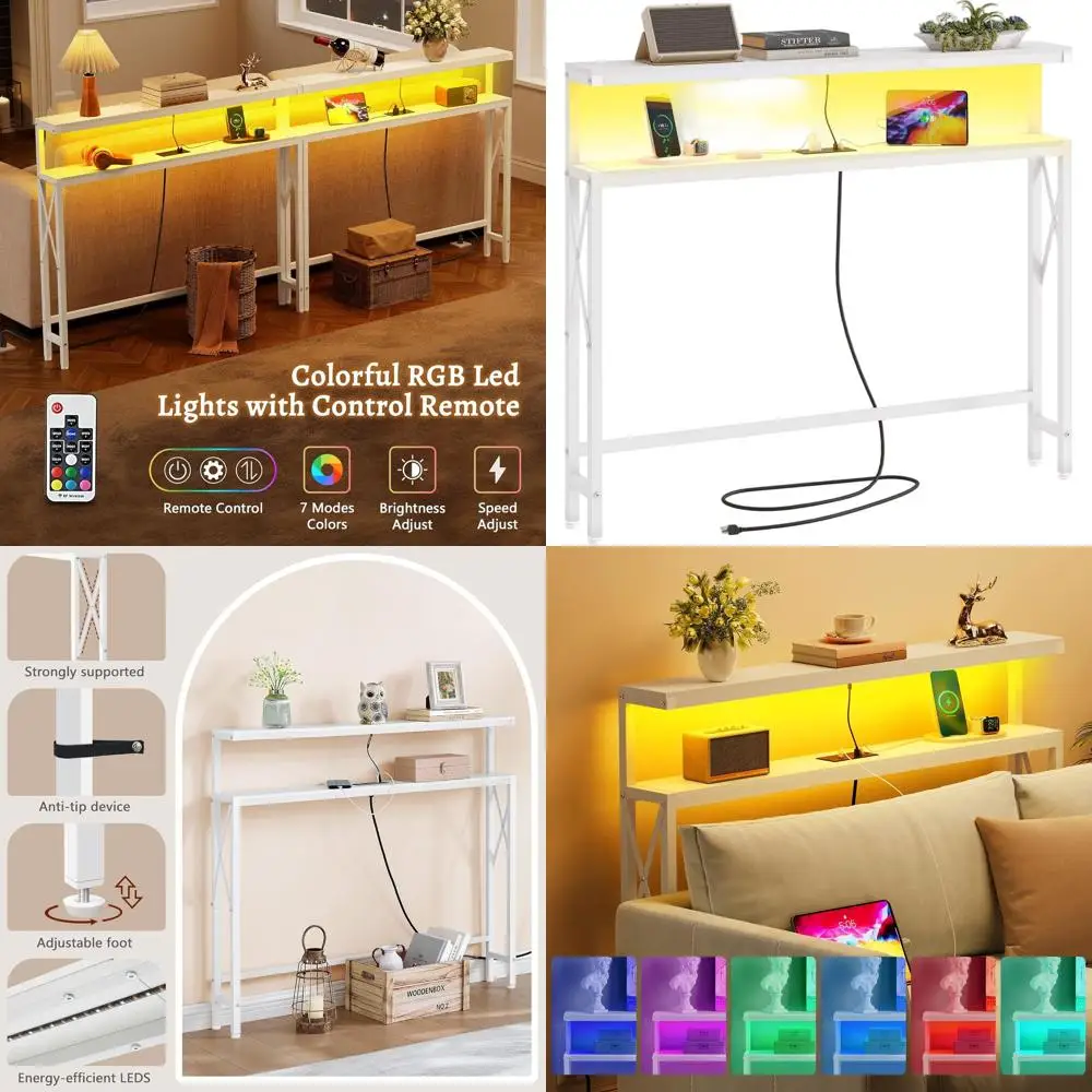 

46.8 Slim Console Table with Charging & LED Light, 5.9 Compact Sofa Table with Power & USB Ports, Living Room/Hallway Furniture,