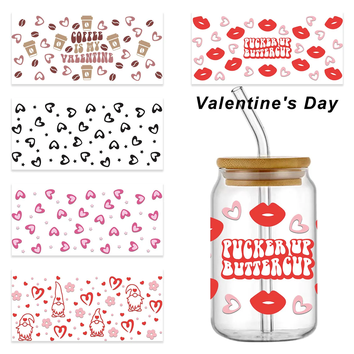 

16oz Glass UV DTF Wrap Valentine's Day Theme UV DTF Cup Wrap Waterproof cup sleeve sticker