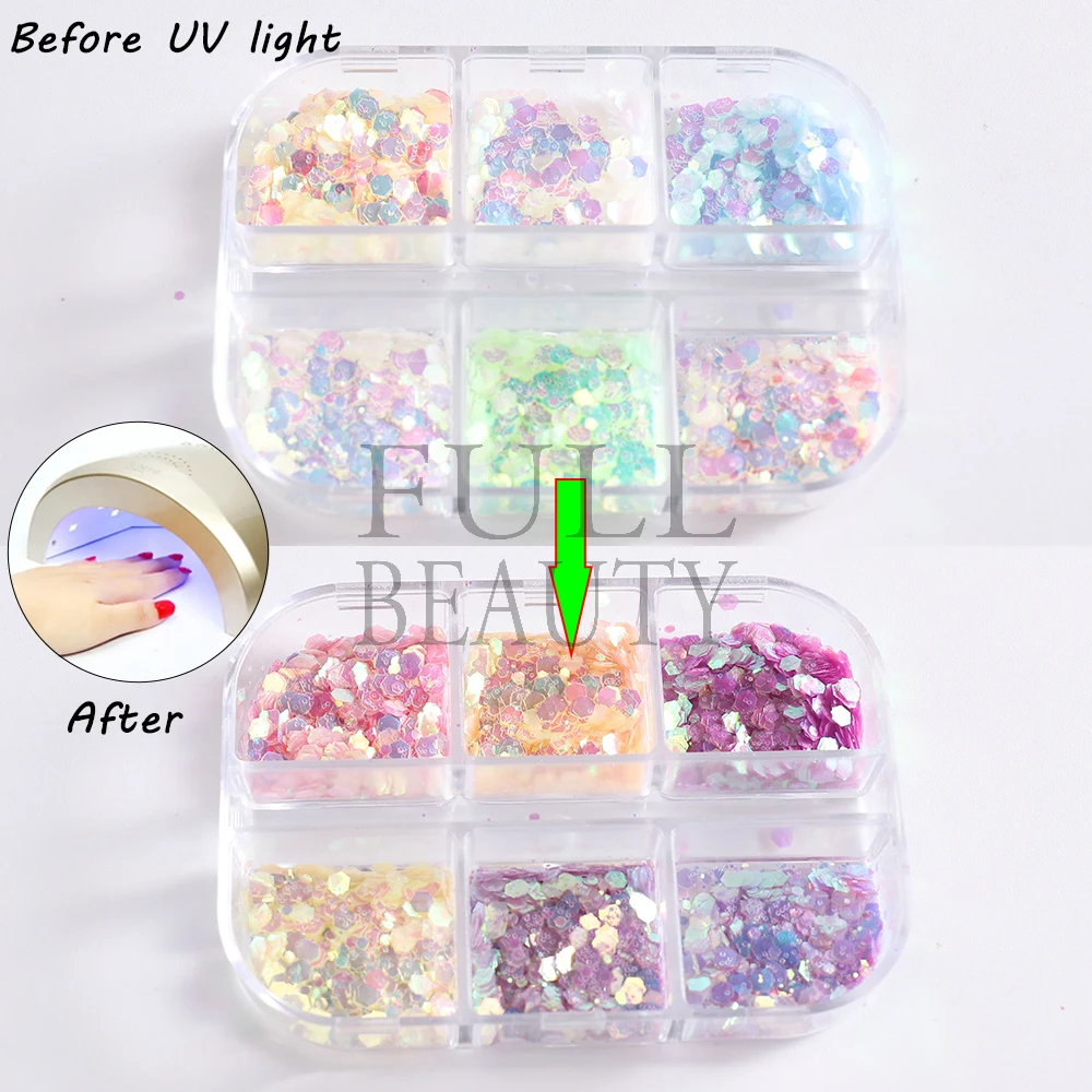 Color Changing Nail Glitter UV Light Photochromic Sequin For Nails Mermaid Effect Iridesecnt Flakes Gel Polish Decoration GLGBTA