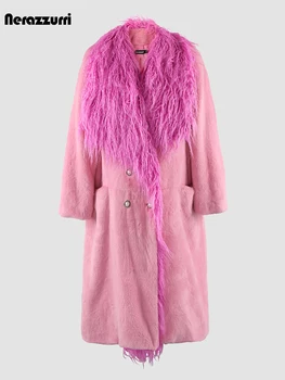 Nerazzurri Herbst Winter lange dicke warme rosa Kunst pelz Mantel Frauen zweireihig lose elegante schicke Luxus pelzigen Mantel
