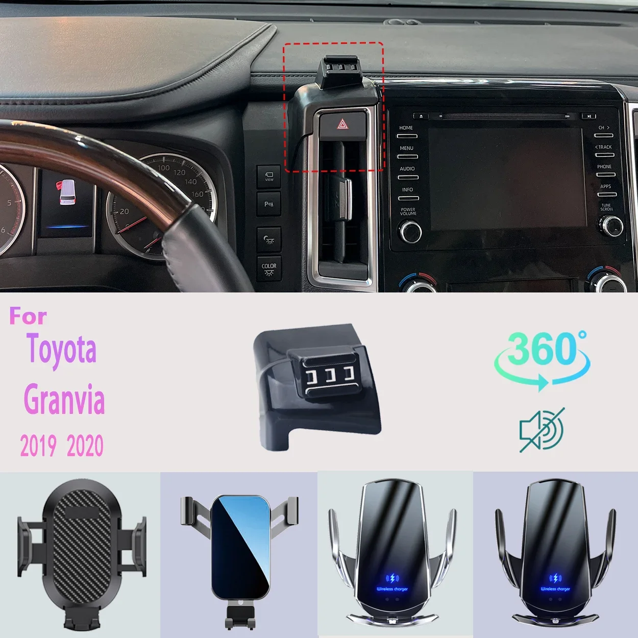 

Car Phone Holder For Toyota Granvia 2019 2020 Mobile Phone Support Car Mounts Wireless Charging Car Accessories 360° degrees