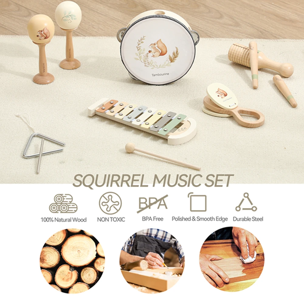 Kids Wooden Montessori Toys Musical Instruments Rattle Toys Wooden Squirrel Percussion Instruments Preschool Educational Toys