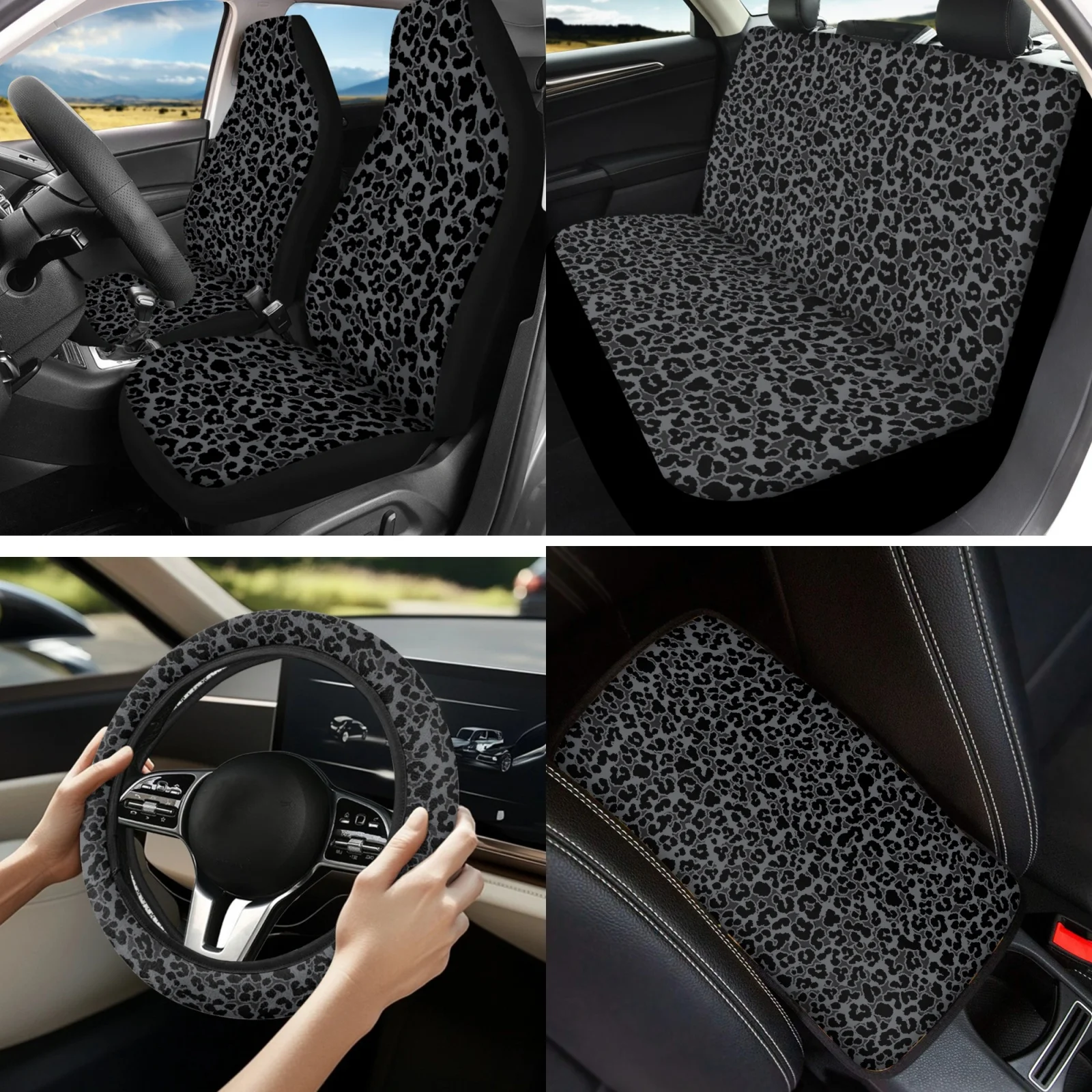 Coloranimal Leopard Print 13 PCS Car Seat Cover Set with Washable Steering Wheel Cover and Armrest Pad for Most Cars
