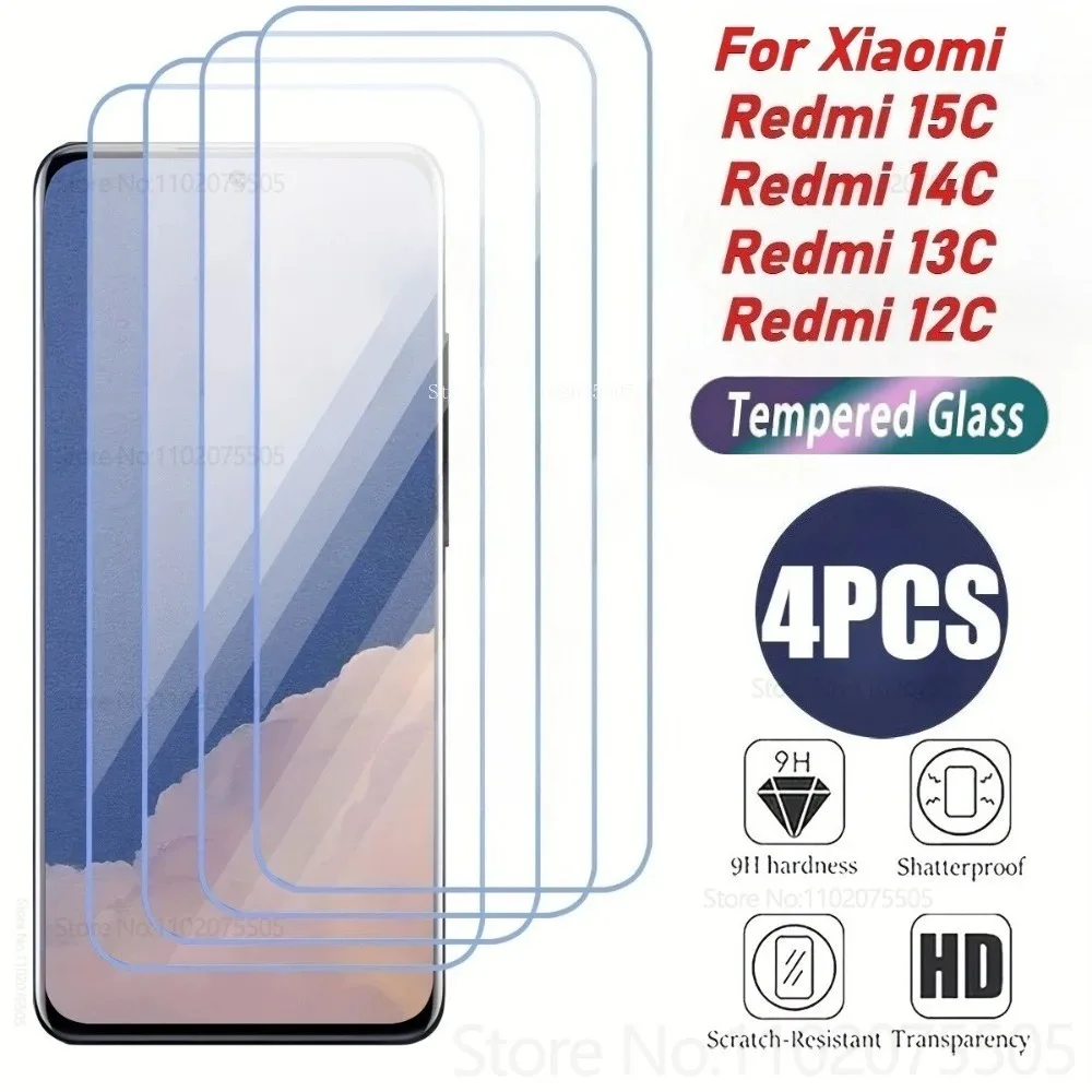 4 Stück HD Klares Gehärtetes Glas für Redmi 15C 14R 13C 13 12C 10A 9T Displayschutzfolie für Redmi Note 14 5G 13 12 11 Pro 14S 12S 11S